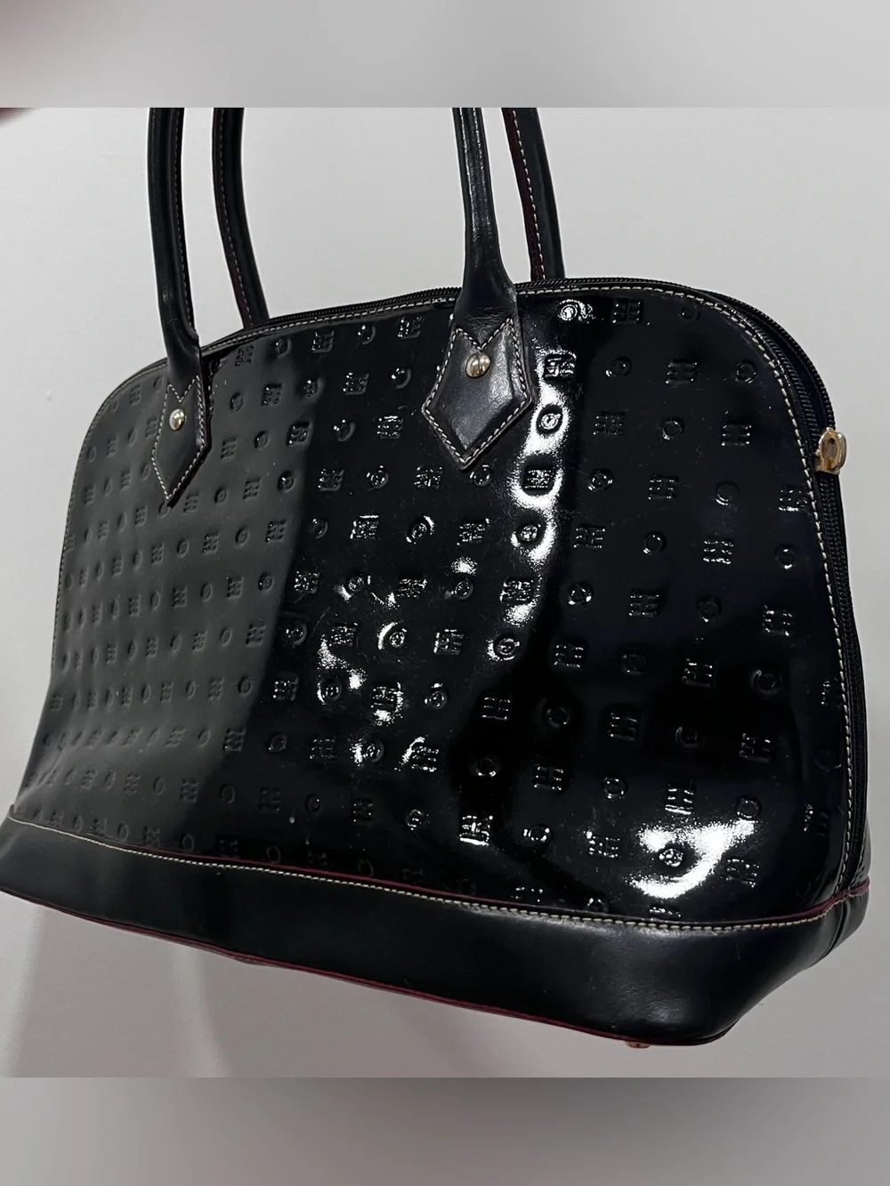 Arcadia Black Patent Leather Embossed Dome Satchel Bag Made in Italy